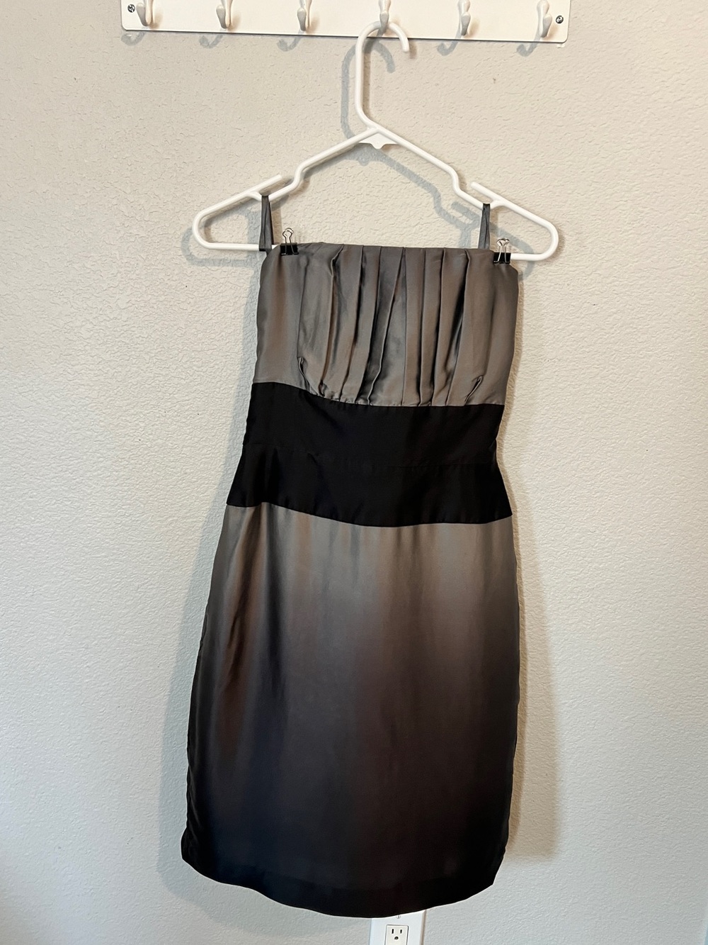 White House Black Market Strapless Silk  Gray Black Silk Cocktail Mini Dress